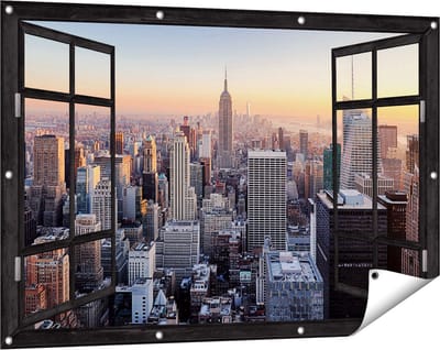 Gards Tuinposter Doorkijk New York Skyline met Wolkenkrabbers - 120x80 cm - Tuindoek - Tuindecoratie - Wanddecoratie buiten - Tuinschilderij
