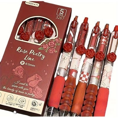 Set de Stylos Gel Rétractables, Joli Motif Floral avec Clip Mobile, Attrait Esthétique Élevé, Prise en Main Confortable, Texture Douce red