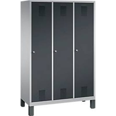 Kapstok Evolo S 3000, staal, met poten, 3 compartimenten, cilinderslot, blank aluminium RAL 9006/antraciet RAL 7016