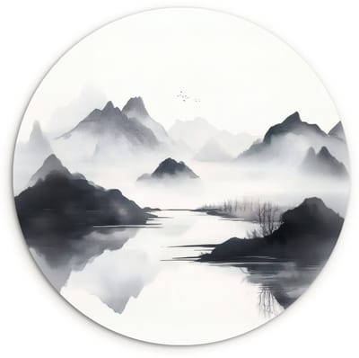 WallCircle® Wandcirkel 120x120 cm - Muurcirkel Bergen - Mistig - Water - Wit - Muurdecoratie woonkamer - Wanddecoratie slaapkamer - Kamer decoratie accessoires - Ronde schilderijen XXL