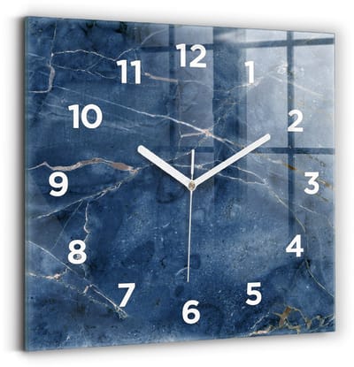 Wallfluent Wandklok - Blauwe marmertextuur Decoratieve Wandklok - 30 cm x 30 cm - Blauw Wandklok - Witte Handen - Wandklok Met Cijfers - Wandklok voor in de Keuken - Vierkante Glas Klok - Minimalistisch Wandklok - Decoratieve Wandklok