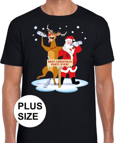 Grote maten foute Kerst t-shirt dronken kerstman en rendier Rudolf na kerstborrel/ feest zwart voor heren XXXL