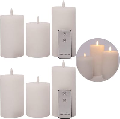 Set van 6 LED-kaarsen, 7,5 cm diameter, flikkerende vlamkaarsen met afstandsbediening, WIT, 15 cm + 12,5 cm + 10 cm hoogte, LED-kaarsen met timerfunctie, 3 AAA-batterijen vereist, LED-pilaarkaarsen van echte was, warm wit