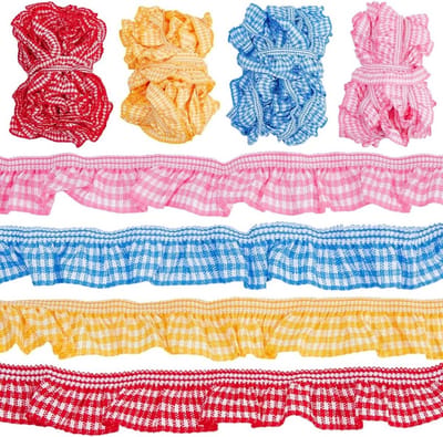 Gingham Elastische Trim van 19.69 Yard - 2cm Brede Rimpelrand voor Kledingdecoratie en Naaiwerk in 4 Kleuren, Perfect voor Creatieve Projecten