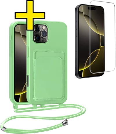 Hoesje Geschikt voor iPhone 16 Pro Telefoonhoesje Met Koord Case Pashouder Met Screenprotector Siliconen - Hoes Geschikt voor iPhone 16 Pro Hoesje Met Kaarthouder - Groen