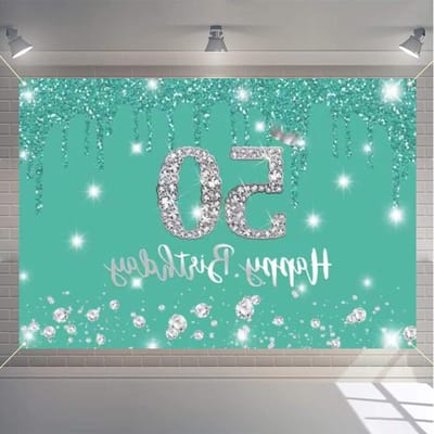 Happy 50th Birthday Background Banner Party Decoration for Women, 50 Years Old Fabric Sign Poster, Turquoise - ShopVlot