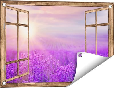 Gards Tuinposter Doorkijk Bloemenveld met Paarse Lavendel - 60x40 cm - Tuindoek - Tuindecoratie - Wanddecoratie buiten - Tuinschilderij