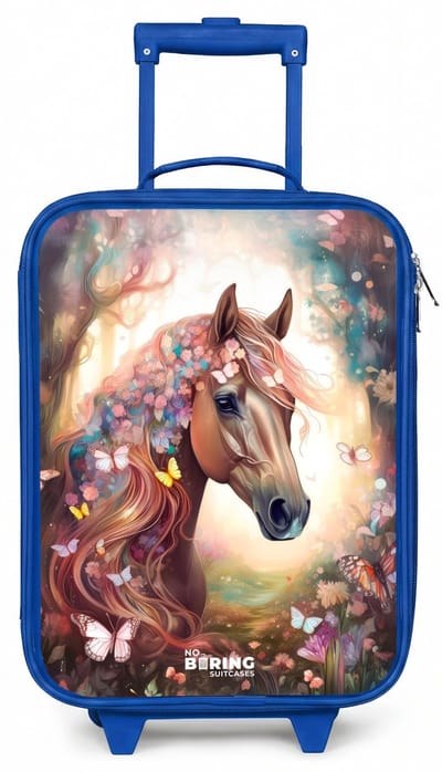 NoBoringSuitcases.com® - Kinderkoffer blauw - Kindertrolley jongen - Vlindermerrie - Koffer kind lichtgewicht - Reiskoffer trolley voor kinderen - Koffertje met lichtgevende wieltjes - Rolkoffer