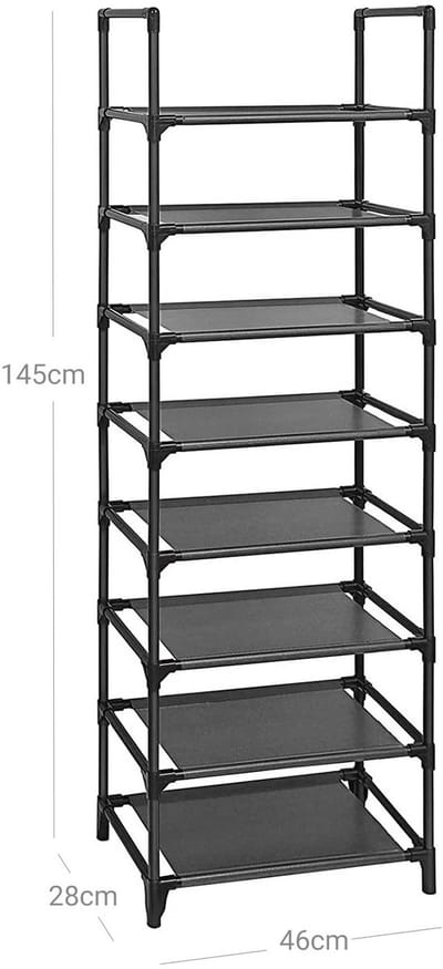 Schoenenrek met 8 planken, Staand rek, Multifunctioneel, Schoenopslag, Metalen frame, Vliesstof, voor 16-20 paar schoenen, Gang, Slaapkamer, Keuken, 46 x 28 x 145 cm, zwart LSR24BK
