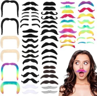 Set van 60 Kleurrijke Neppen voor Feestjes, Carnaval, Halloween en Verkleedpartijen - Diverse Fake Baarden en Snorren voor Creatieve Kostuums en Vermaak