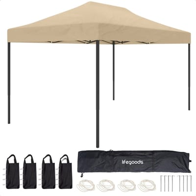 LifeGoods Partytent - Paviljoen - EasyUp - Opvouwbaar - Waterdicht - Met Draagtas met wieltjes - 440 x 297 cm - Beige
