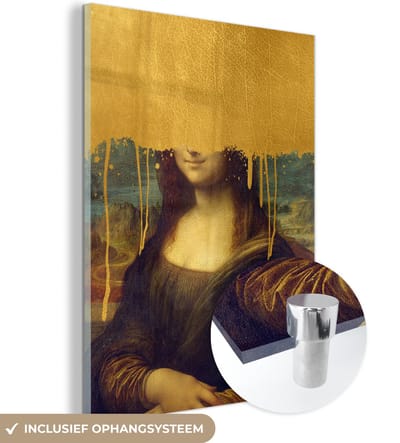 MuchoWow® Glasschilderij 30x40 cm - Schilderij acrylglas - Mona Lisa - Goud - Da Vinci - Foto op glas - Schilderijen
