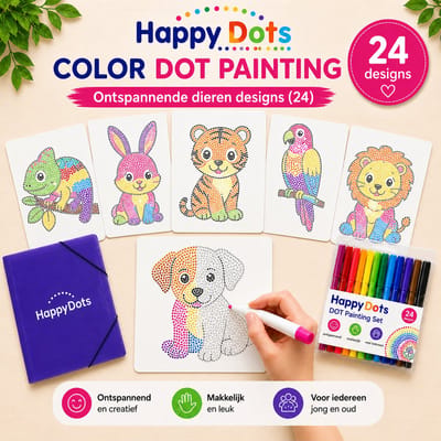 HappyDots Color DOT Painting set Kleurrijke dieren - 24 designs + stiften set + opbergmap