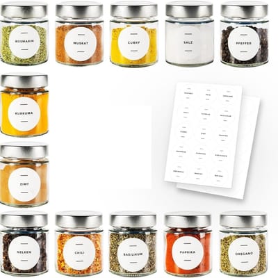 Famanu - Kruidenpotjes, set van 12 x 150 ml, kleine schroefpotjes met deksel en etiketten, zelfklevend, voor het bewaren van specerijen, kruidenpotjes, opbergpotten, Ø 58 mm deksel