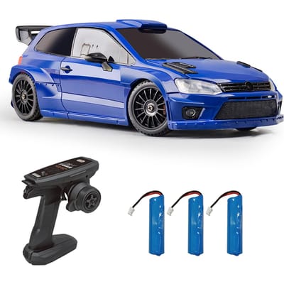 Afstandsbediening Auto, 1/28 2.4GHz 4WD Speelgoedauto met LED-verlichting, 3 Batterijen, Driftbanden, Elektrisch 3 battery blauw