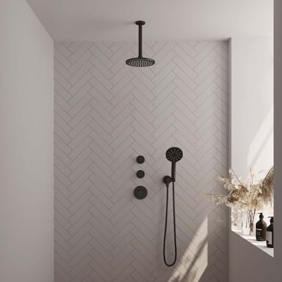 Brauer Black Edition thermostatische inbouw regendouche SET 11 met 20 cm douchekop en plafondarm en 3-standen handdouche en doucheslang en wandaansluitbocht mat zwart