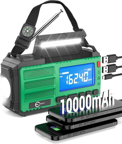 SnelShoppen - Noodhandslinger 37000 mWh - Draagbare AM/FM/NOAA Powerbank met Zaklamp, Oplaadbare Zonne-energie Radio, Kompas, SOS Functie voor Camping