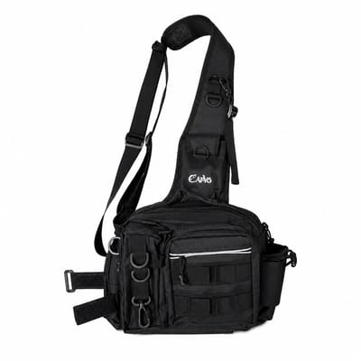 Roofvis Sling Bag met Hengelhouder – Vis Schoudertas 13 Vakken – Zwart