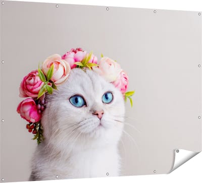 Gards Tuinposter Kat met een Bloemen Kroon - 160x120 cm - Tuindoek - Tuindecoratie - Wanddecoratie buiten - Tuinschilderij