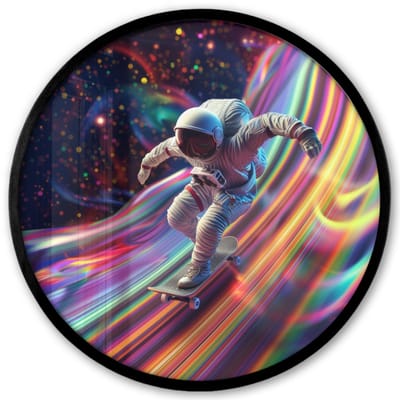Poster in lijst Rond - Fotolijst 40x40 cm - Posters - Astronaut - Ruimte - Skateboard - Kleurrijk - Ronde posterlijst zwart - Decoratie - Wanddecoratie woonkamer - Muurdecoratie slaapkamer