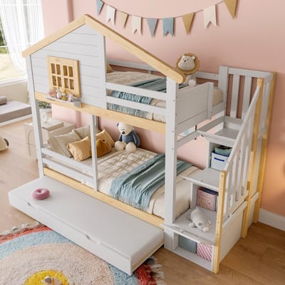 Stapelbed - 90x200 cm - bedhek - uitschuifbaar bed - opbergtrap - raam - plint - wit naturel - matras niet inbegrepen
