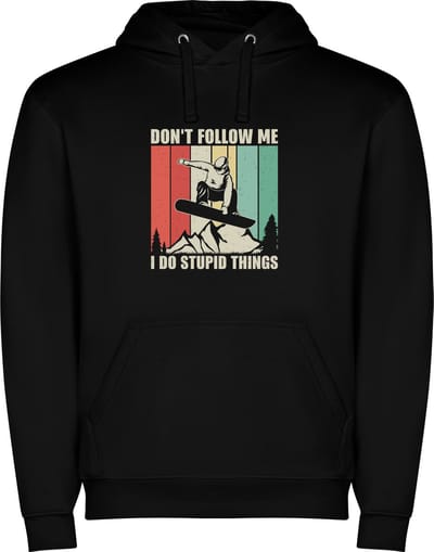Zwarte unisex hoodie met “ Kleurrijke Do not follow me I do stupid things – Snowboard – Wintersport “ Print Full Color Color merk Roly maat S