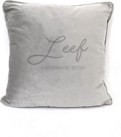 Grijs sierkussen Velours - 45x45cm - Met Tekst: Leef alsof morgen niet bestaat. Cadeau-verjaardag-bedankje.