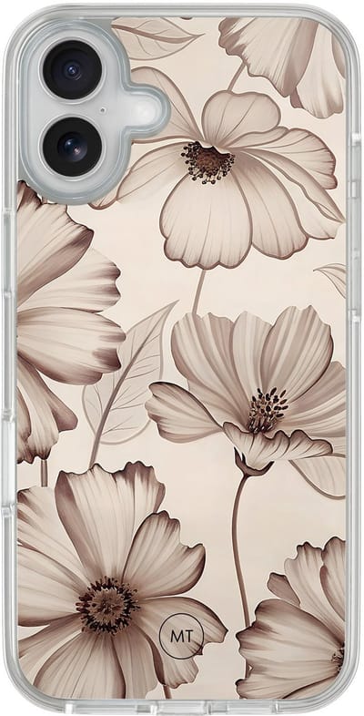 Hybride hoesje geschikt voor iPhone 16 - Sand flowers - Extra bescherming - Luxe beschermhoes - TPU case - Transparant, Beige - Mooie Telefoonhoesjes