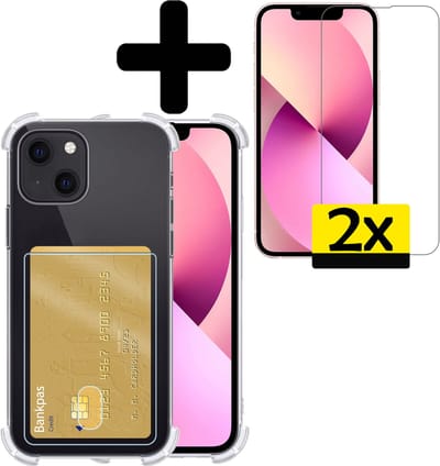 Hoesje - Geschikt voor Apple iPhone 13 Mini - Met 2x Screenprotector - Pashouder - Kaarthouder - Telefoon Hoes Shockproof - Siliconen Case - Back Cover - Shock Proof - Pasjes Houder - Telefoonhoesjes - Transparant
