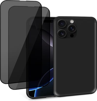 Geschikt voor Apple iPhone 16 Pro - Hoesje + 2x Privacy Screenprotector – Privé Gehard Glas Cover - Suède Case Zwart