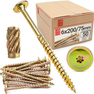 LUN FIX - Tellerkopfschroeven 6x200 - 50 stuks - TX40 Torx - Tellerkop met freestrips - Houtschroeven
