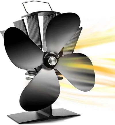 Warmteaangedreven ventilator voor houtkachels (4 bladen) – geschikt voor kachels en open haarden; snelle start vanaf 40°C, fluisterstil, efficiënte circulatie van warme lucht en brandstofbesparend.