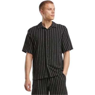 Urban Classics - Striped Crinkle Resort Overhemd - S - Zwart/Gebroken wit
