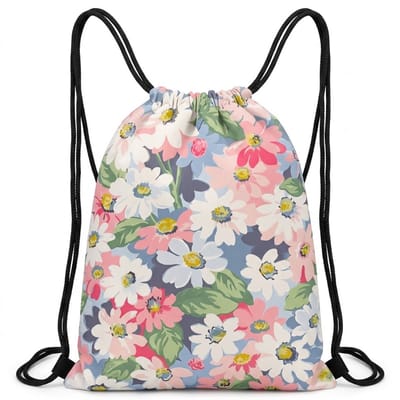 Blauwe roze witte gymtas trekkoord rugzak voor dames en heren – sport gym tas met bloemenprint patroon – lichte trekkoord tas voor fitness, school, yoga, reizen en sportactiviteiten