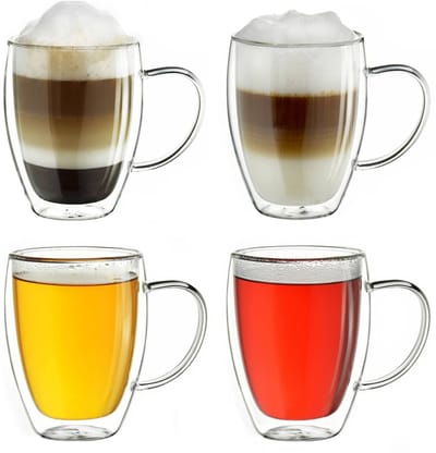 Creano dubbelwandig thermoglas met oor 400ml, groot dubbelwandig glas van borosilicaatglas, koffieglazen, theeglazen, latteglazen set van 4