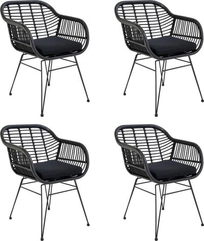 QUVIO Fauteuil tuinstoel Jade - Eetkamerstoelen - Eetkamerstoel - Zwarte tuinstoel - Met kussen - Staal - PE rattan - Zwart - Set van 4