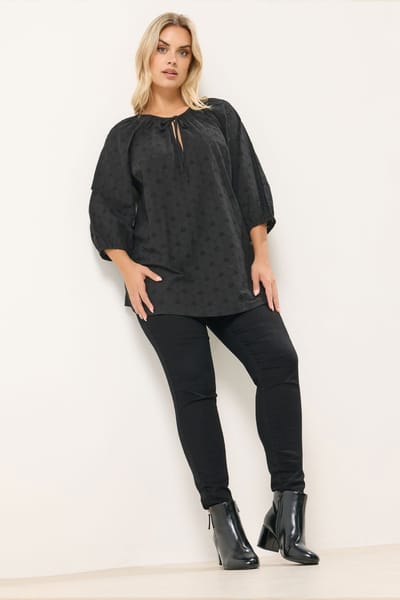 Yours Katoenen Top Met Broderieontwerp En Strikdetail In Zwart Size 42