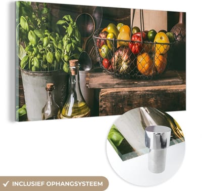 MuchoWow® Glasschilderij 120x60 cm - Schilderij acrylglas - Groente - Kruiden - Rustiek - Stilleven - Basilicum - Foto op glas - Schilderijen