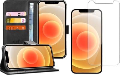 Hoesje geschikt voor iPhone 12 Mini - Screen Protector GlassGuard - Book Case Kunstleer Pasjeshouder Zwart & Screenprotector