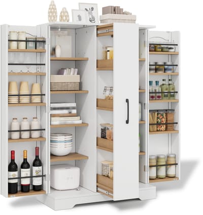 Witte keukenkast met kruidenrek - Ruime buffetkast met dubbele deuren - Verticale uittreklade - Voor eetkamer en keuken - 120 x 78 x 35 cm Wit