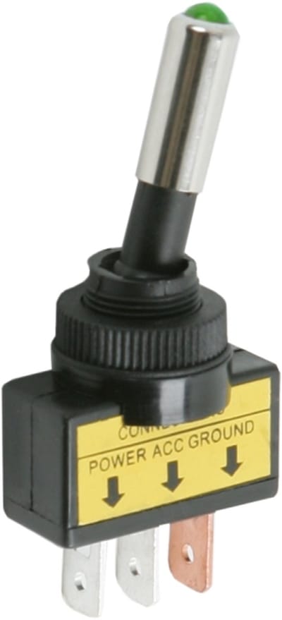 2x Tuimelschakelaar Met Groene LED SPST OFF-ON - Toggle Switch 12V DC 20A - Inbouw Schakelaar Met LED Indicatie Voor Voertuigen En Elektrische Apparatuur - Inbouwdiepte 26mm - Aansluitingen 3x6,4mm - Verkoopeenheid 2 Stuks [09058ZO]