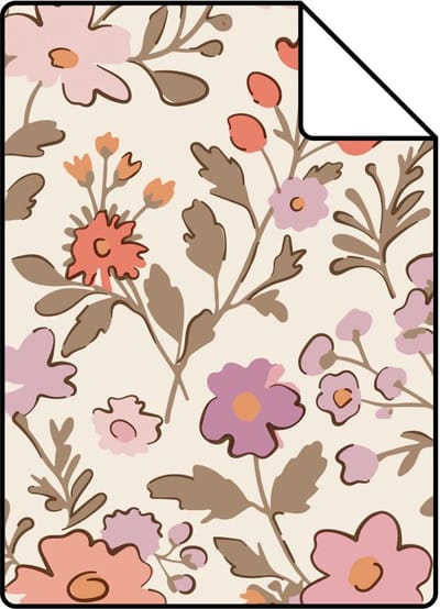 Proefstaal ESTAhome behang bloemetjes paars en oranje - 26.5 x 21 cm - 131327-S