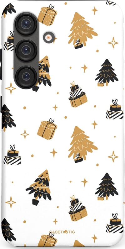 Casetastic hoesje geschikt voor Samsung Galaxy S25 - Dubbellaagse bescherming - Kerst met Cadeautjes - Fashion Case - Wit Beige Donkergrijs