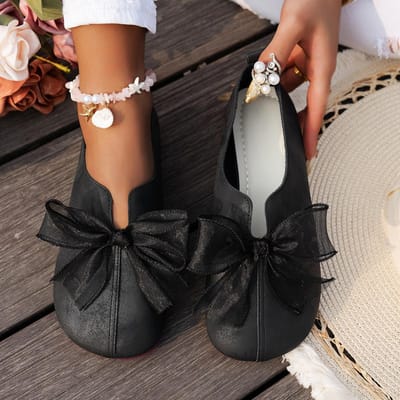Franse Flats Dames Vintage Lente Herfst Nieuw Buiten Ronde Neus Zachte Zool Strik Decoratie Mary Jane Schoenen voor Casual Comfortabel Dragen 43 black