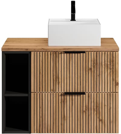 Vente-unique Zwevend geribbeld badkamermeubel met nissen en vierkante opbouwwastafel - Licht naturel - L80 cm - MADELA