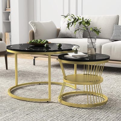 Ronde salontafel met marmeren nerf tafelblad, nestelende koffieset van 2, accentmeubilair met metalen frame, bijzettafel voor woonkamer, slaapkamer, balkon (zwart)