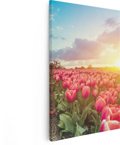 Artaza Canvas Schilderij Tulpenveld - 80x120 cm - Groot - Wanddecoratie Molen - Muurdecoratie Nederland - Schilderijen Op Canvas Zonsopgang