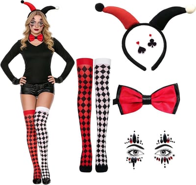 Uniek Harlequin Kostuum voor Vrouwen - Compleet Set met Hoofdband, Oorbellen, Masker, Strik en Sokken voor Halloween en Carnaval, Perfect voor Feest en Rolspel