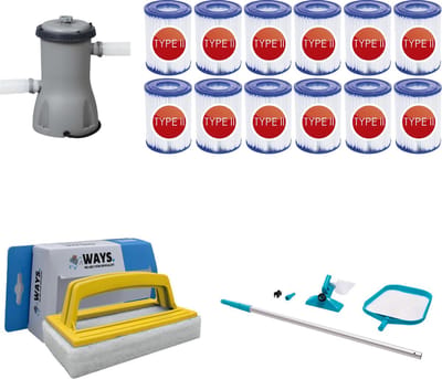 WAYS - Zwembad Onderhoud - Onderhoudsset & Filterpomp 2006 L/h & 12 Filters Type II & WAYS Scrubborstel