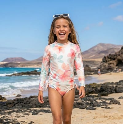 Ducksday - UV Zwemset - T-shirt lange mouw met omkeerbare bikinibroek - voor meisjes - UPF 50+ - Tweedelig - sneldrogend - Bliss - Bloemen Pastel Roze - Maat 98/104